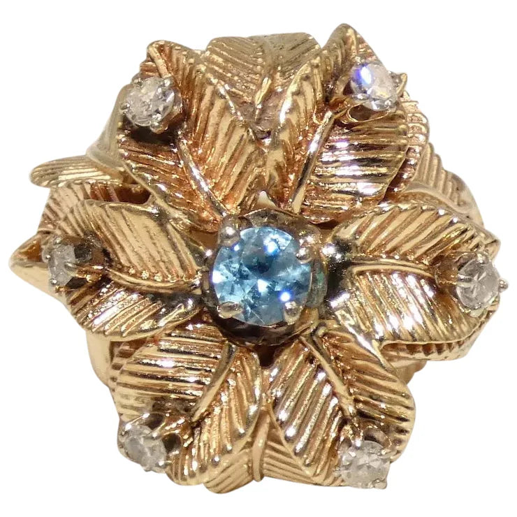 14K Gold Custom Flower Ring with Diamonds & Aquamarine