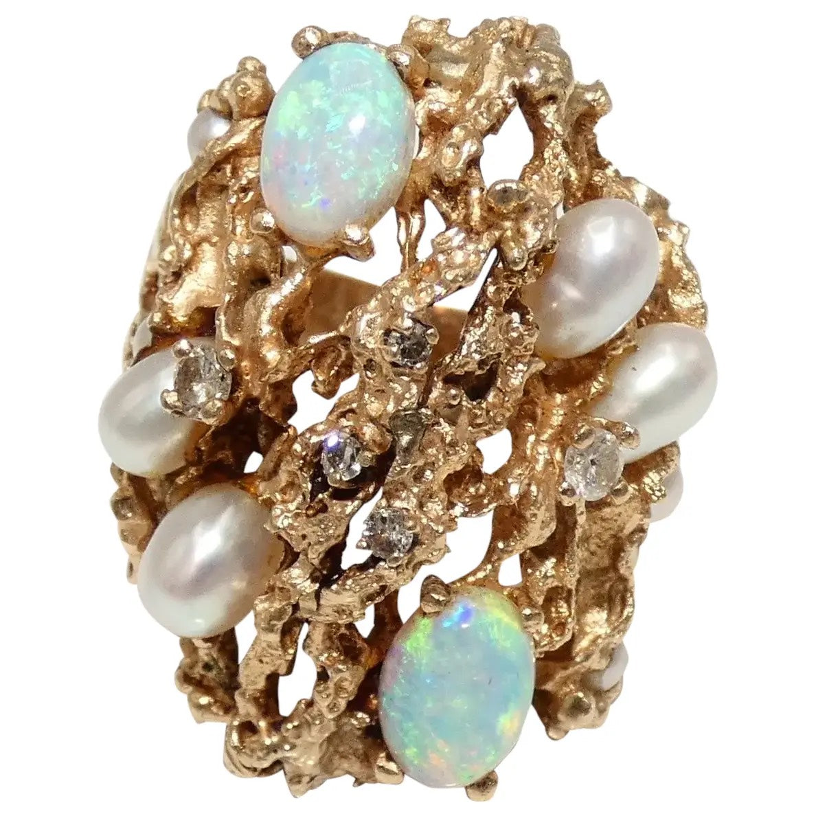 14K Gold Cultured Pearls, Diamonds & Opals Custom Ring