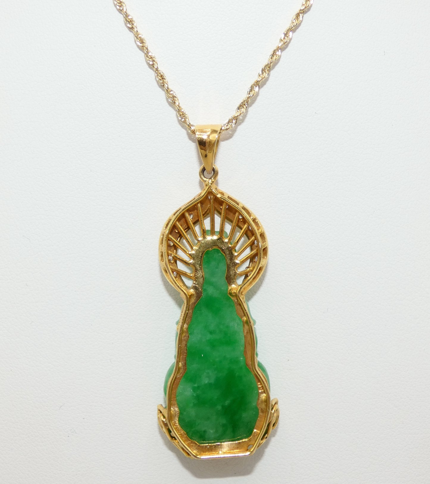10k Yellow Gold Carved Jade Guan Yin Goddess of Mercy Jade Pendant Necklace with Diamonds
