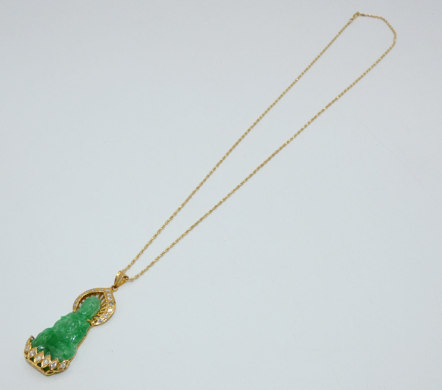 10k Yellow Gold Carved Jade Guan Yin Goddess of Mercy Jade Pendant Necklace with Diamonds