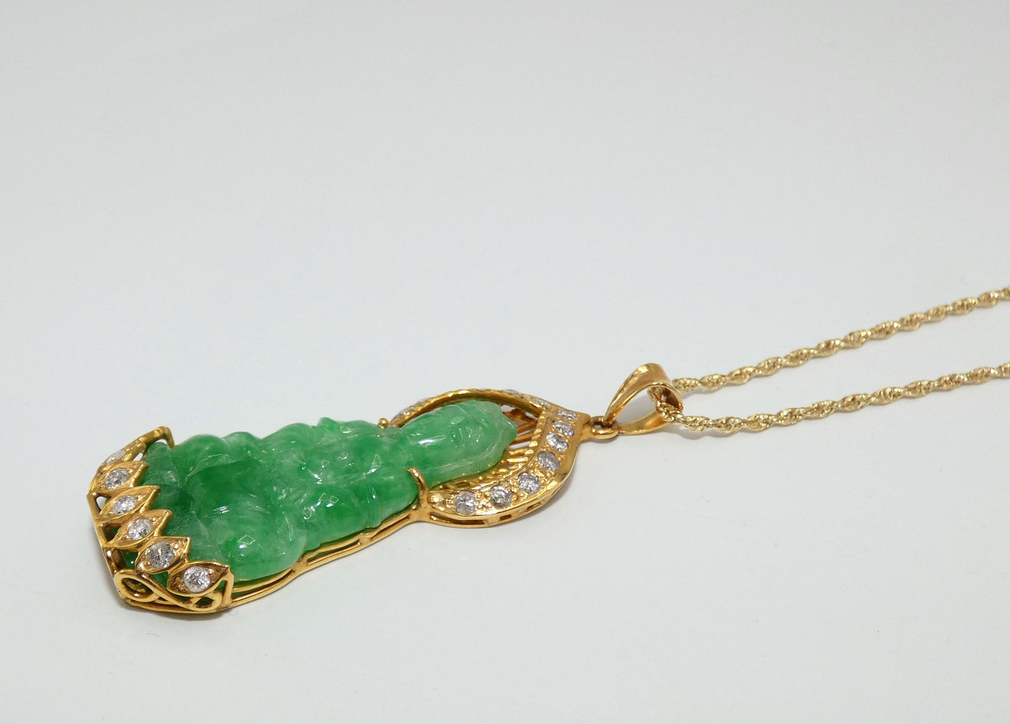 10k Yellow Gold Carved Jade Guan Yin Goddess of Mercy Jade Pendant Necklace with Diamonds