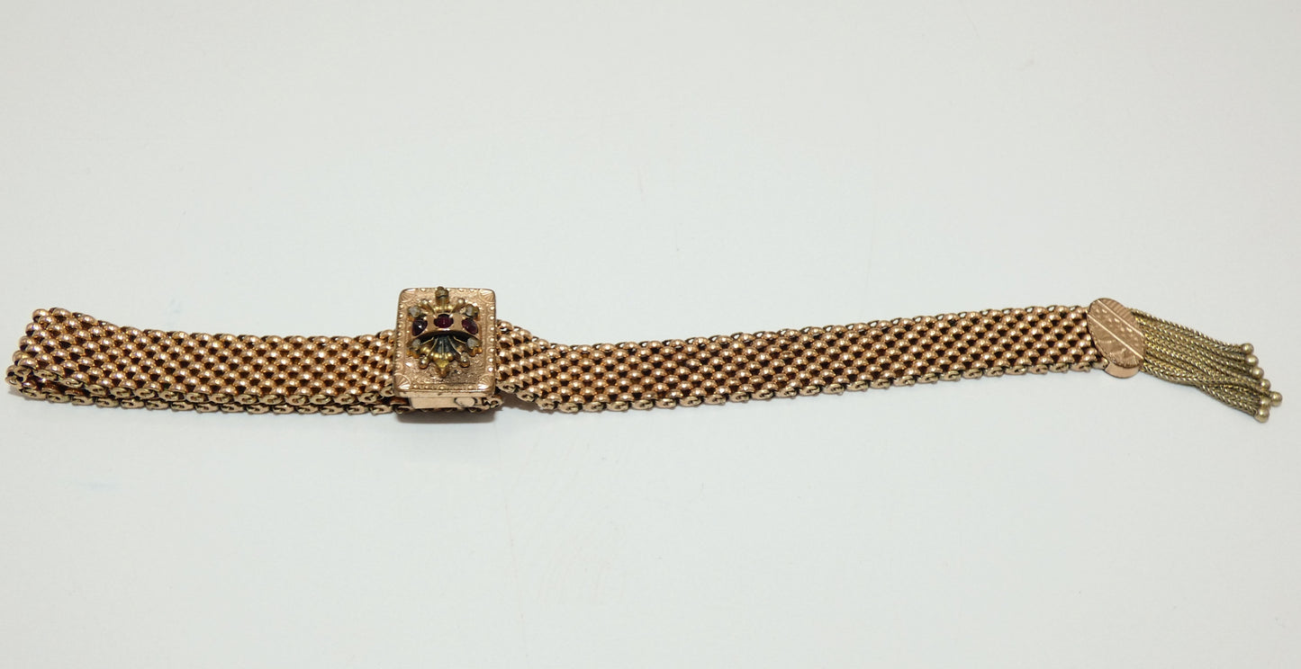 Victorian Gold Fill Slide Bracelet with Tassle & Garnets