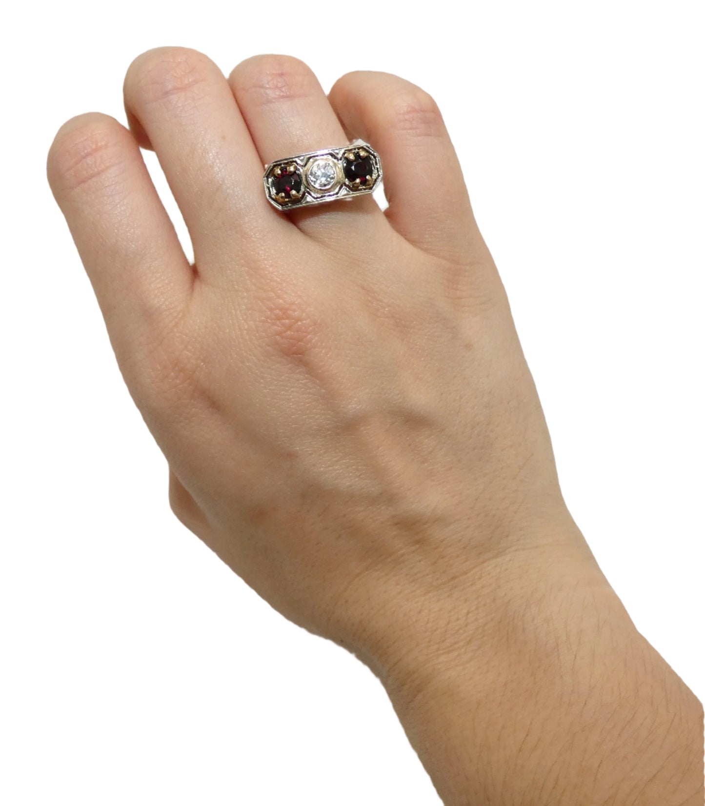 Art Deco Platinum & Gold Ring with Garnets & Diamond