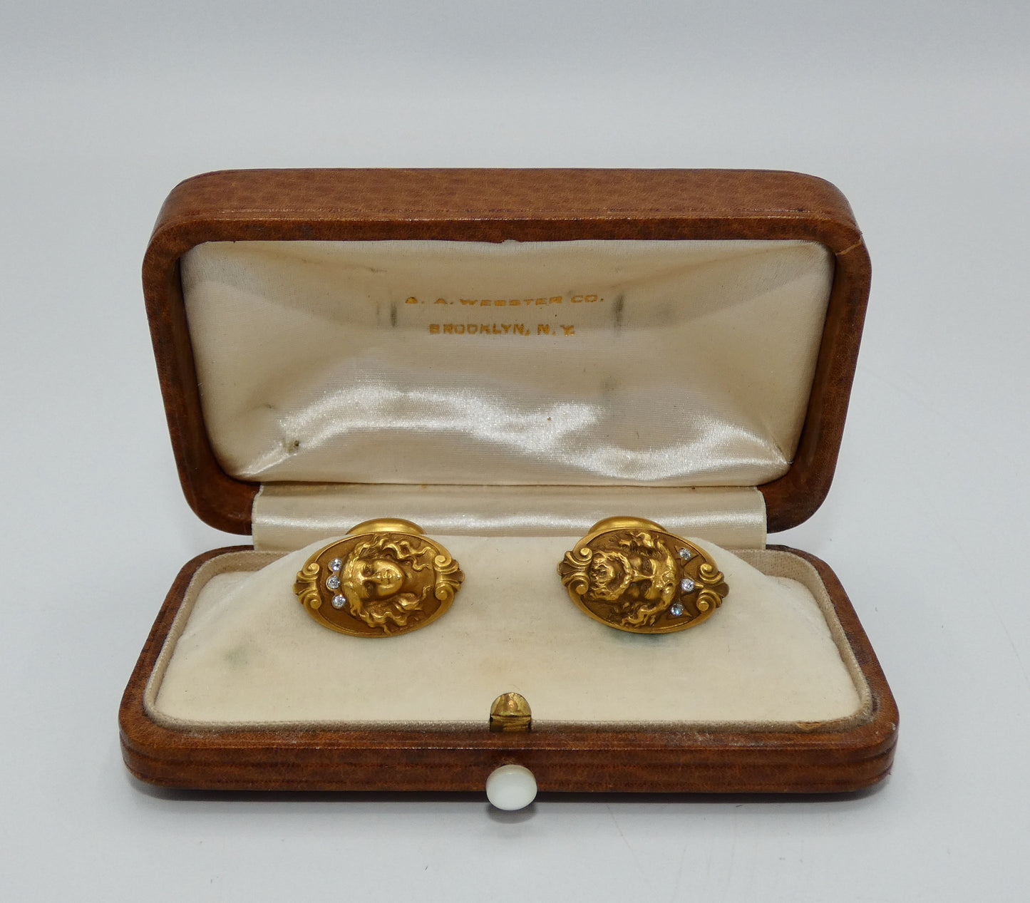 Art Nouveau 14K Gold FIxed Back Cufflinks with Diamonds