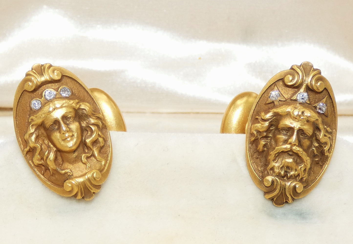 Art Nouveau 14K Gold FIxed Back Cufflinks with Diamonds