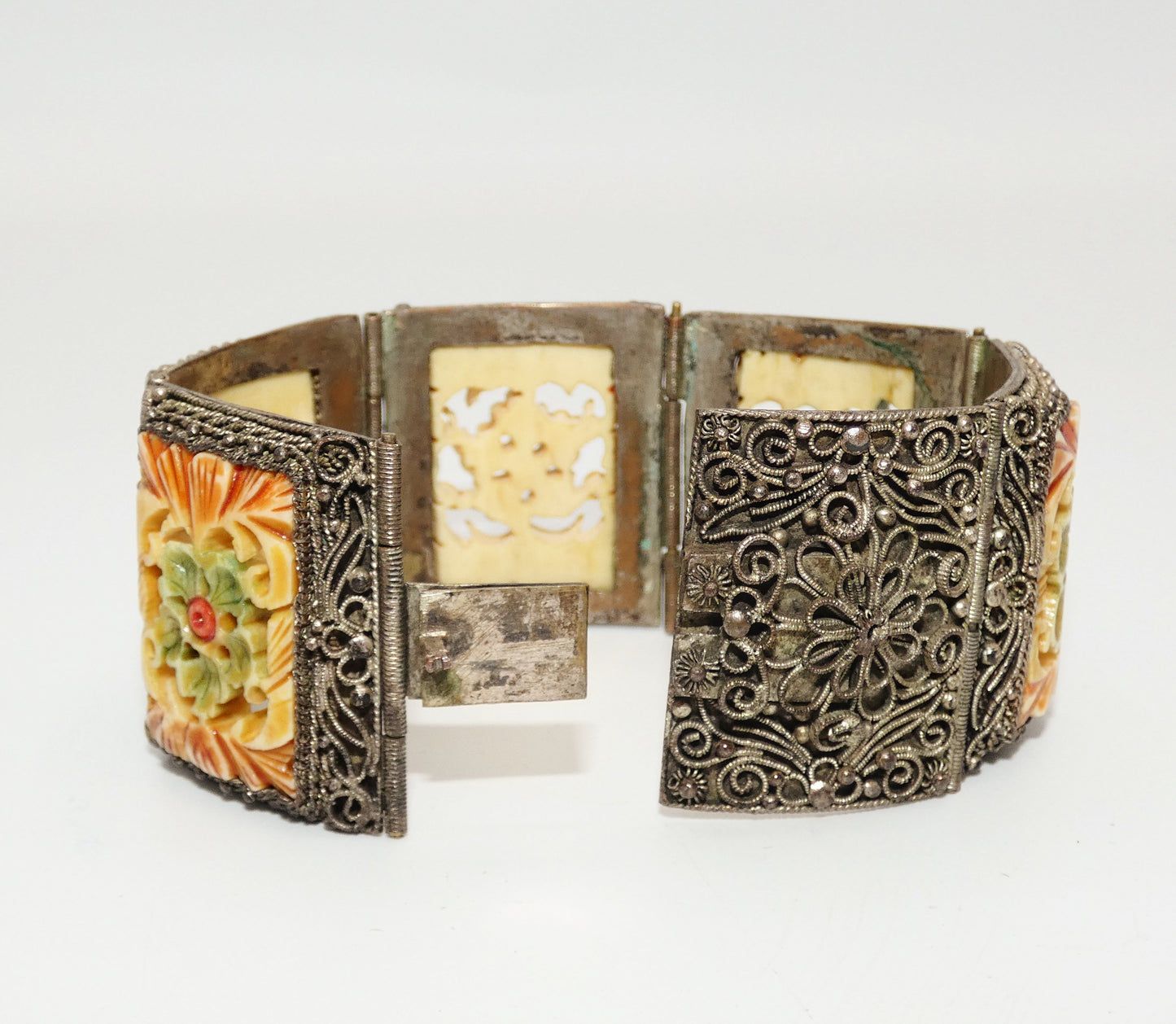 Carved Celluloid Filigree Panel Bracelet