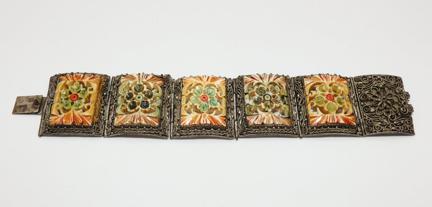 Carved Celluloid Filigree Panel Bracelet