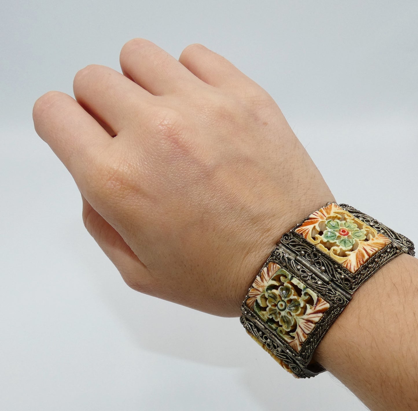 Carved Celluloid Filigree Panel Bracelet
