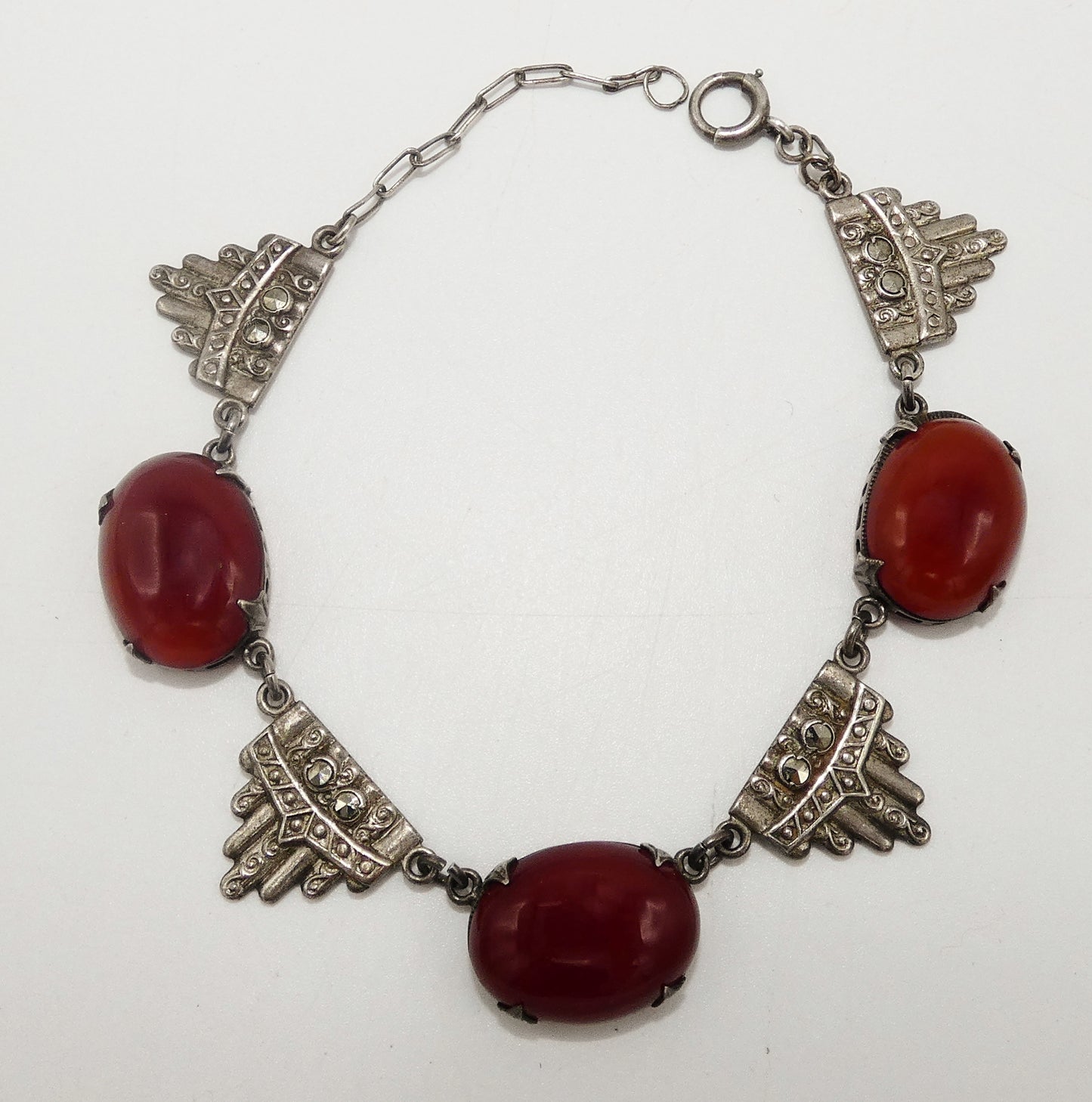 Art Deco Sterling Carnelian and Marcasite Bracelet
