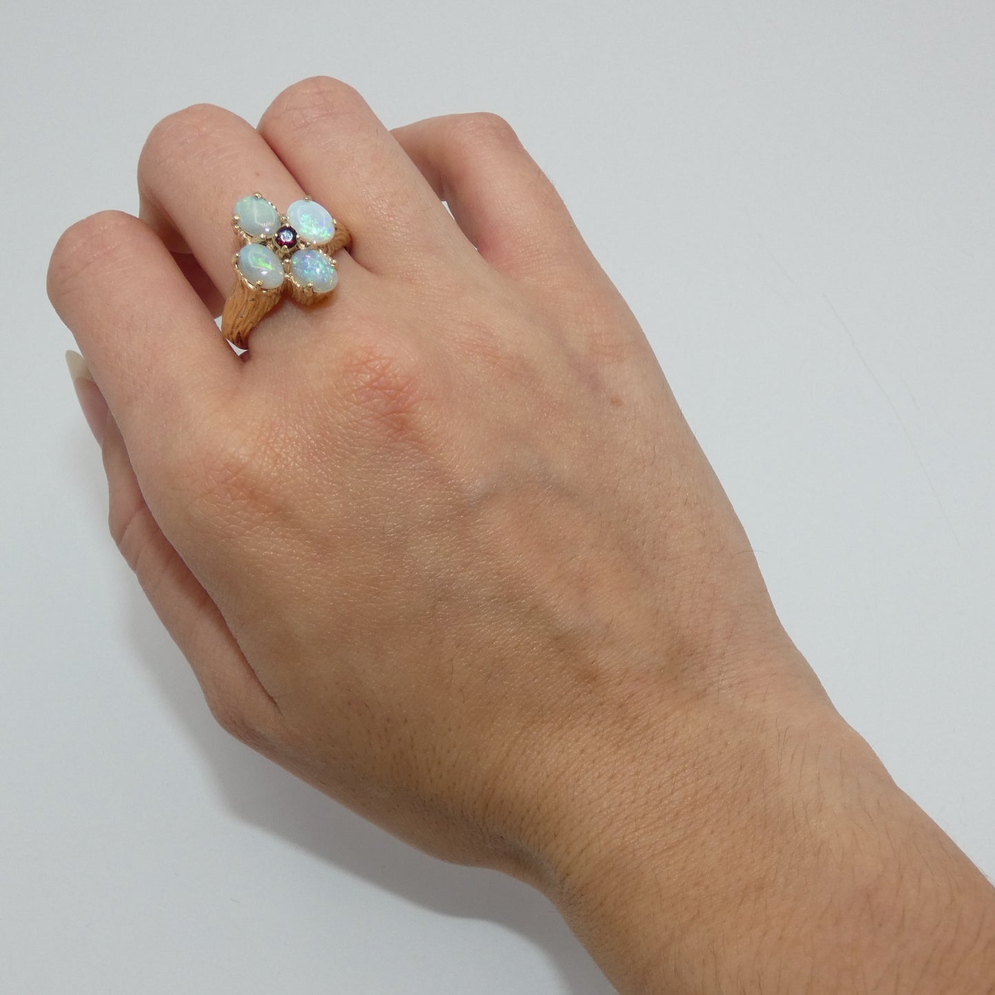 14K Gold Ring with Opals & Garnet