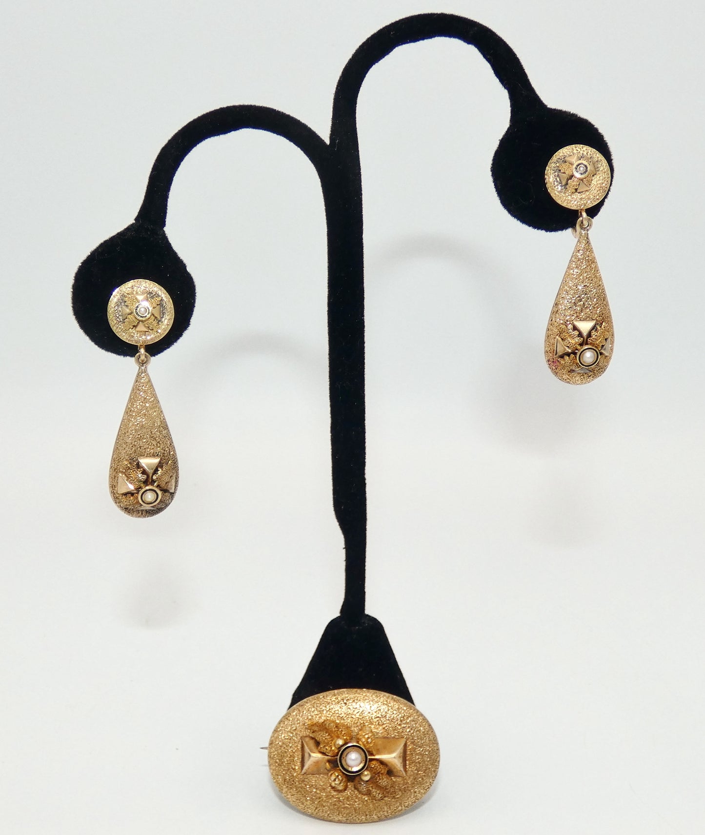14K Gold Victorian Pin & Earrings with Natural Pearl