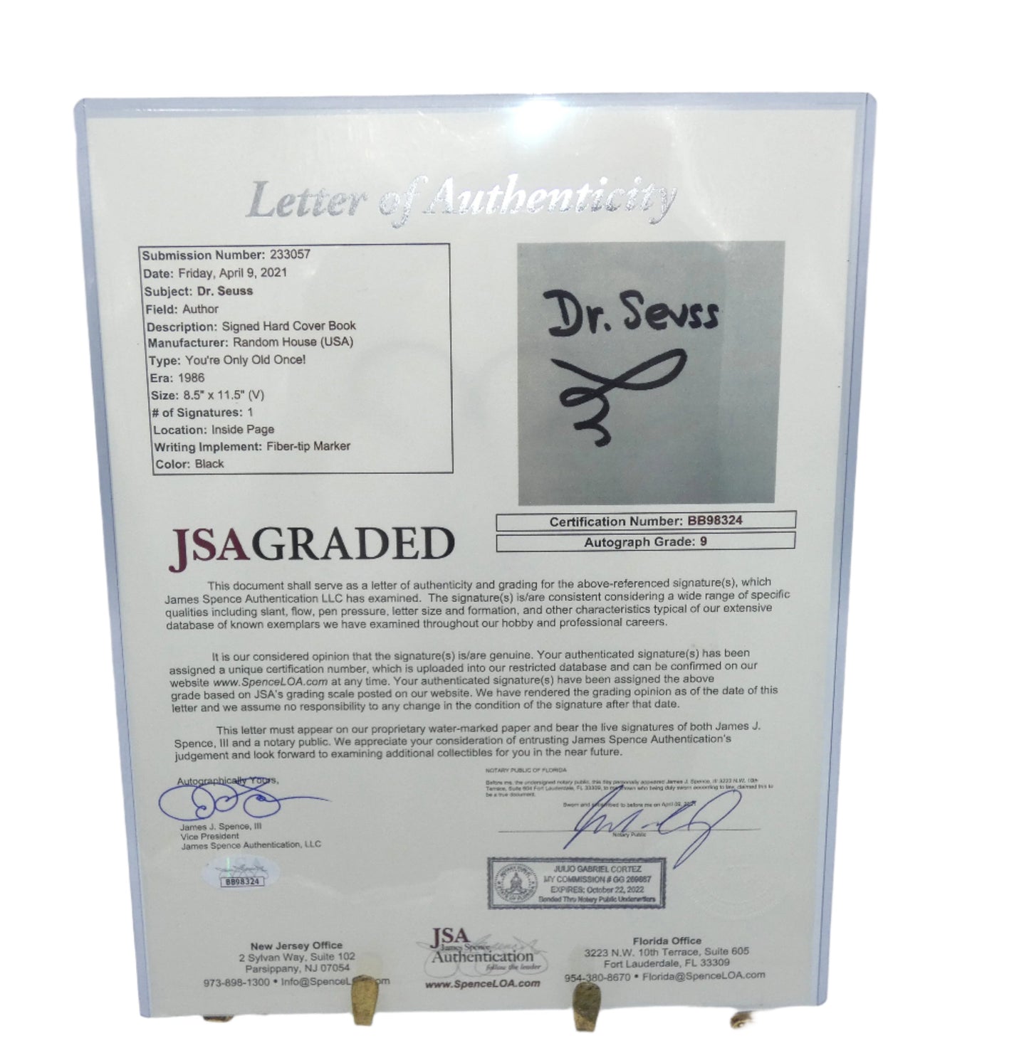 Dr. Suess You're Only Old Once First Edition Signed Book JSA