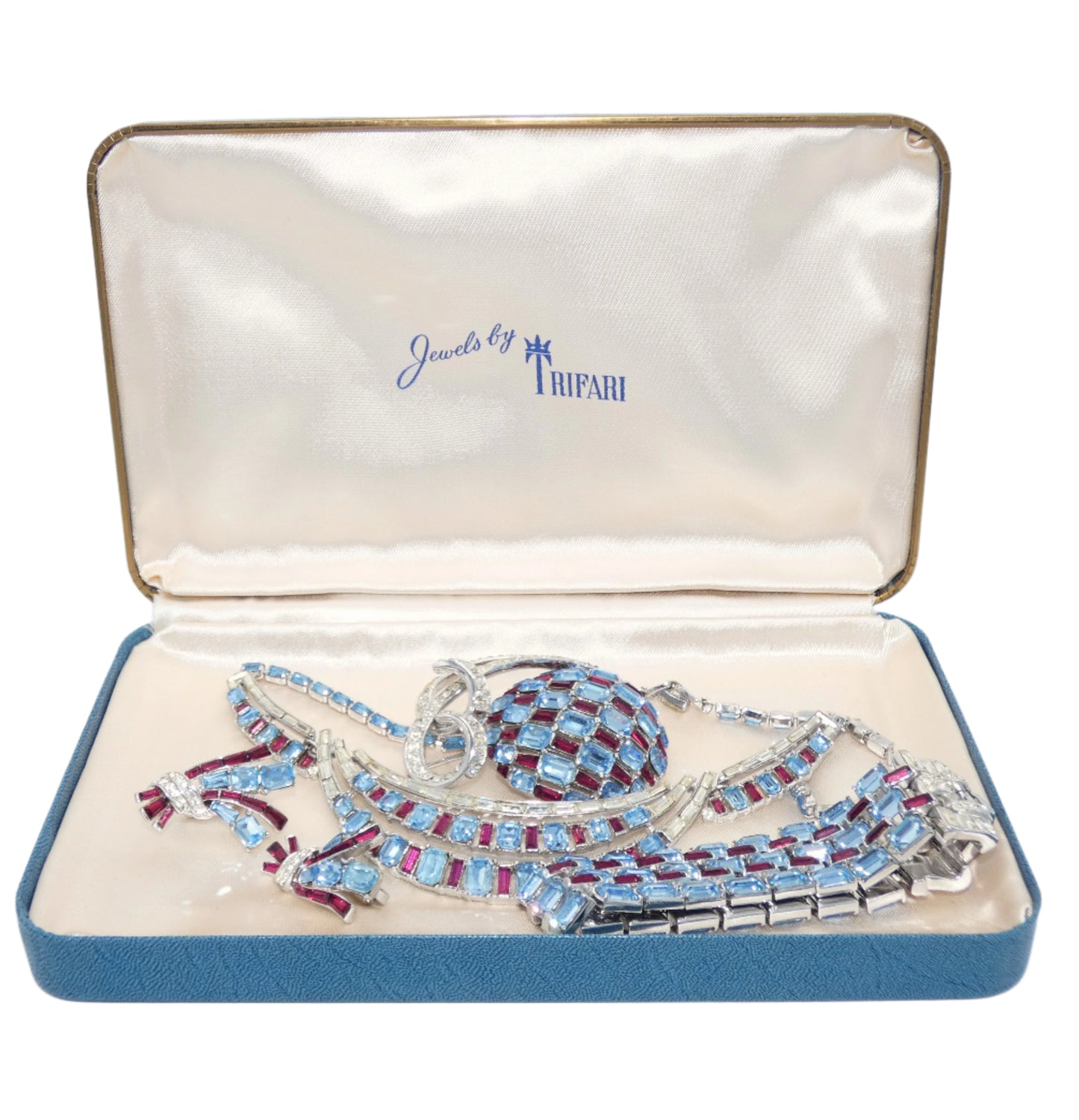 Vintage Crown Trifari Red White & Blue Parure by Alfred Philippe