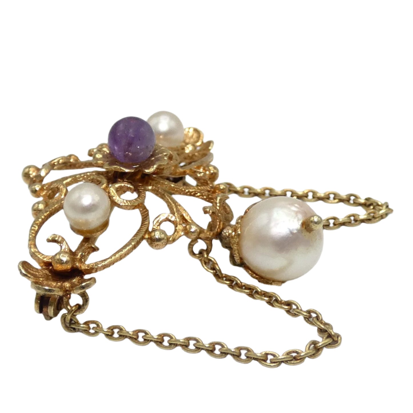 14K Gold Brooch with Pearls & Amethyst