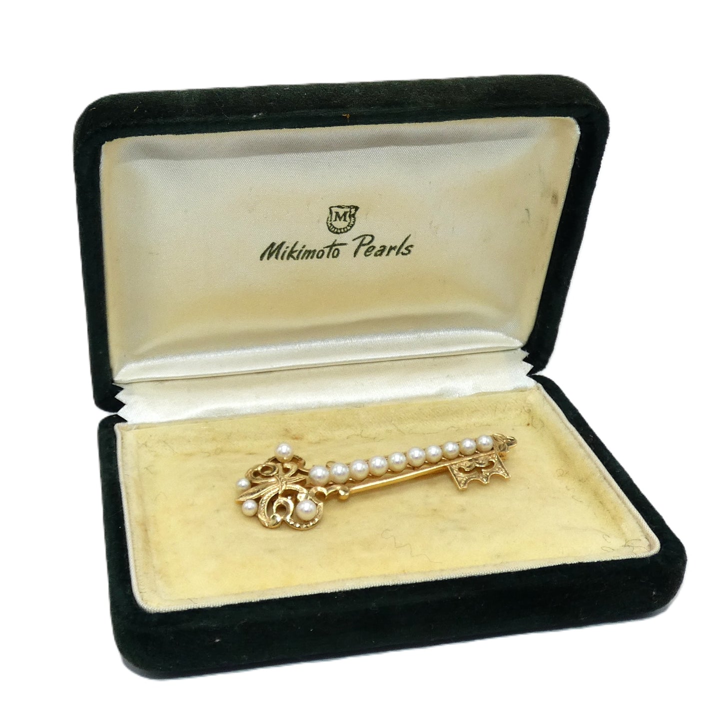 14K Gold Mikimoto Akoyo Key Brooch with Pearls
