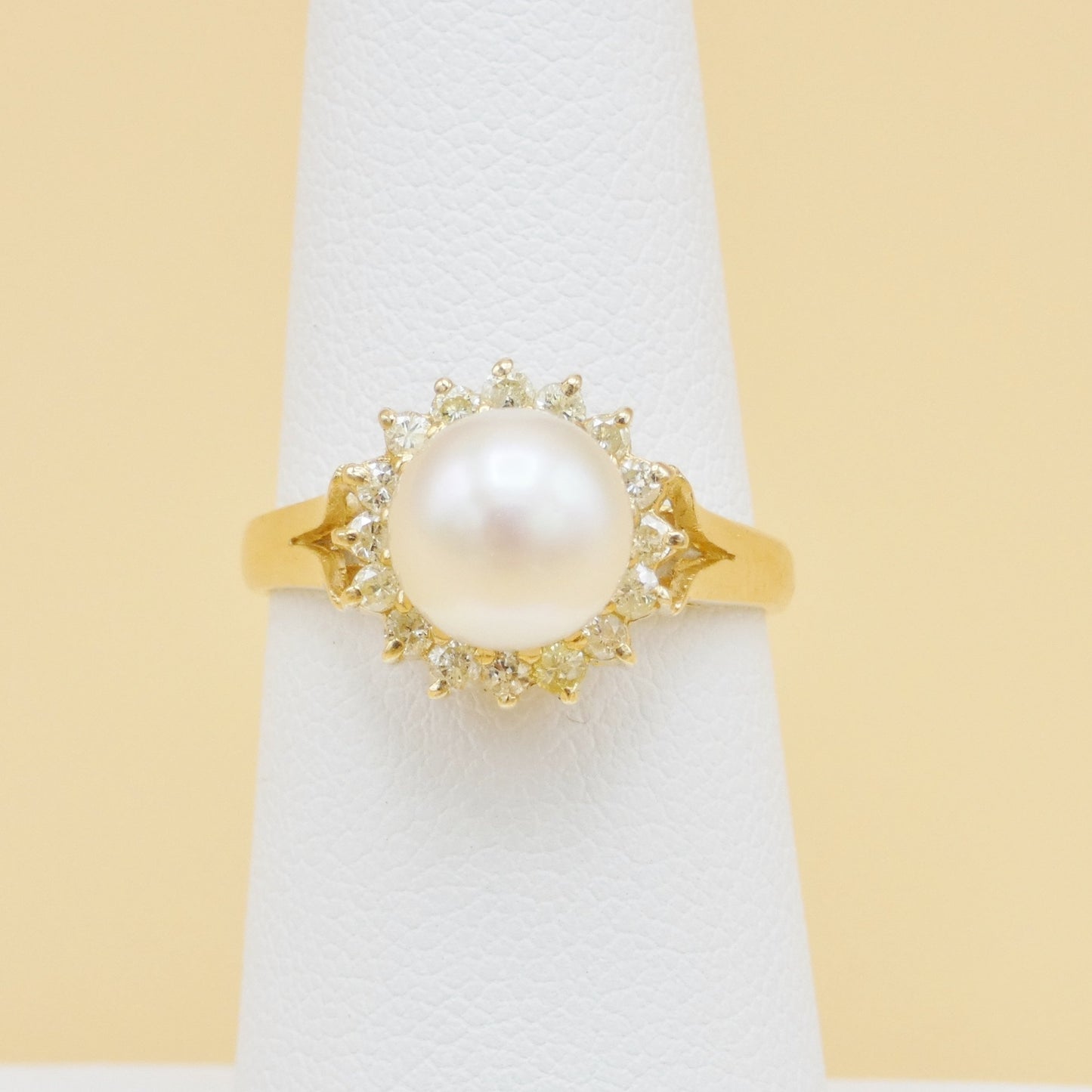 14k Gold Pearl and Halo Diamond Ring