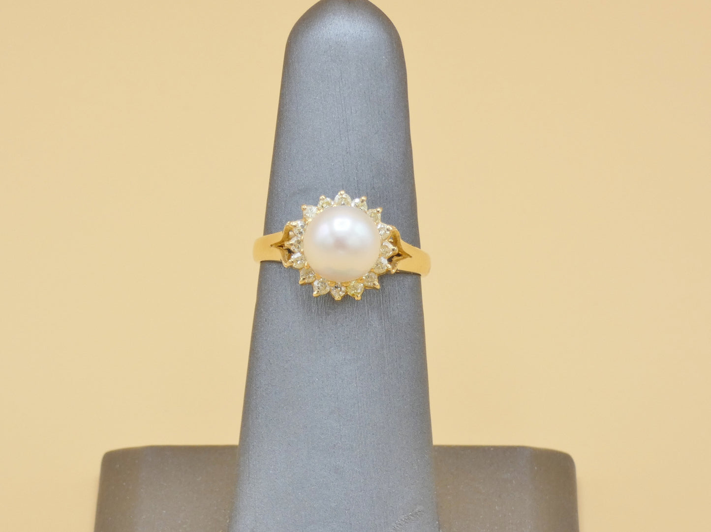 14k Gold Pearl and Halo Diamond Ring