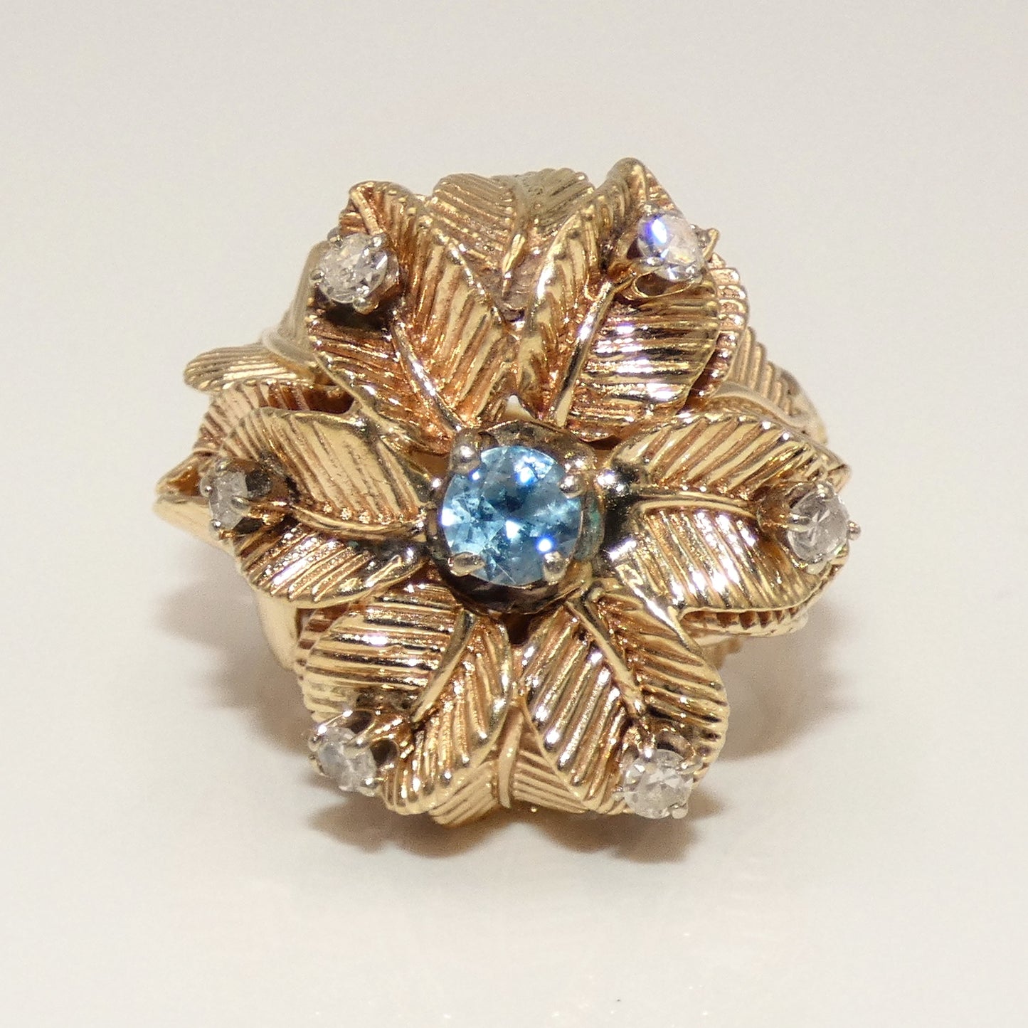 14K Gold Custom Flower Ring with Diamonds & Aquamarine