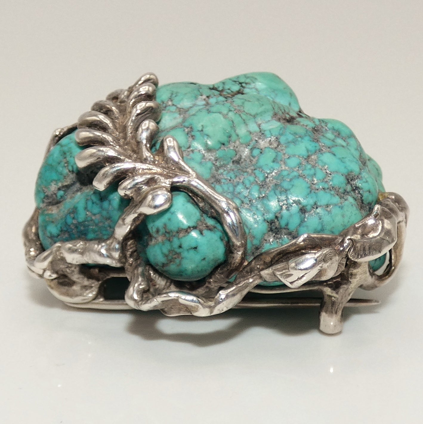 Large Spiderweb Turquoise Nugget Handmade Sterling Brooch