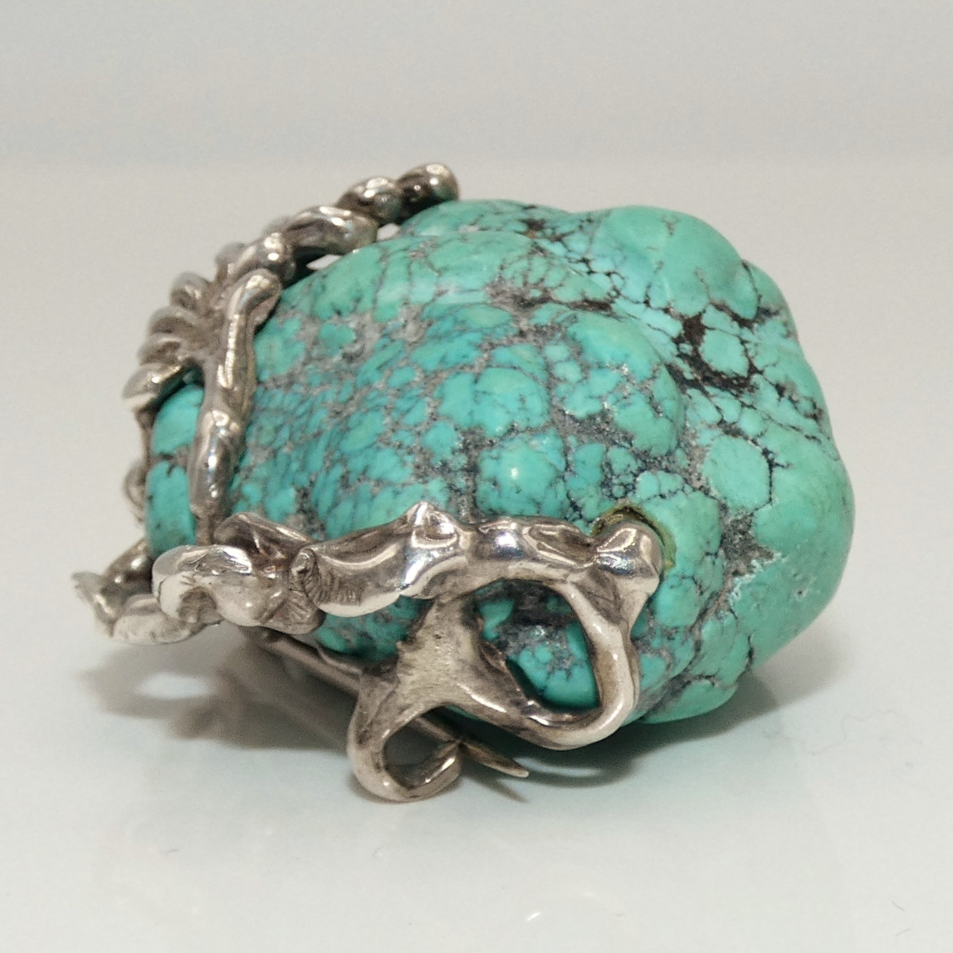 Large Spiderweb Turquoise Nugget Handmade Sterling Brooch