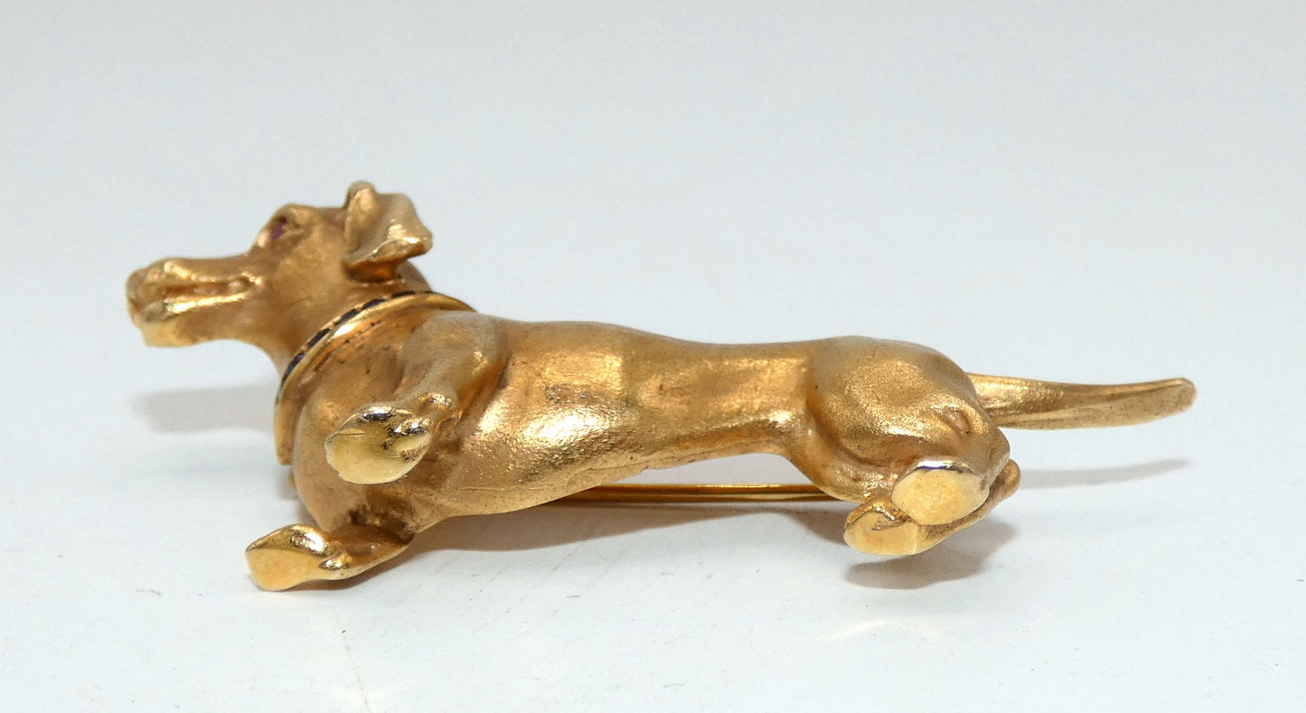 14K Gold with Sapphire Collar Dachshund Brooch Pin