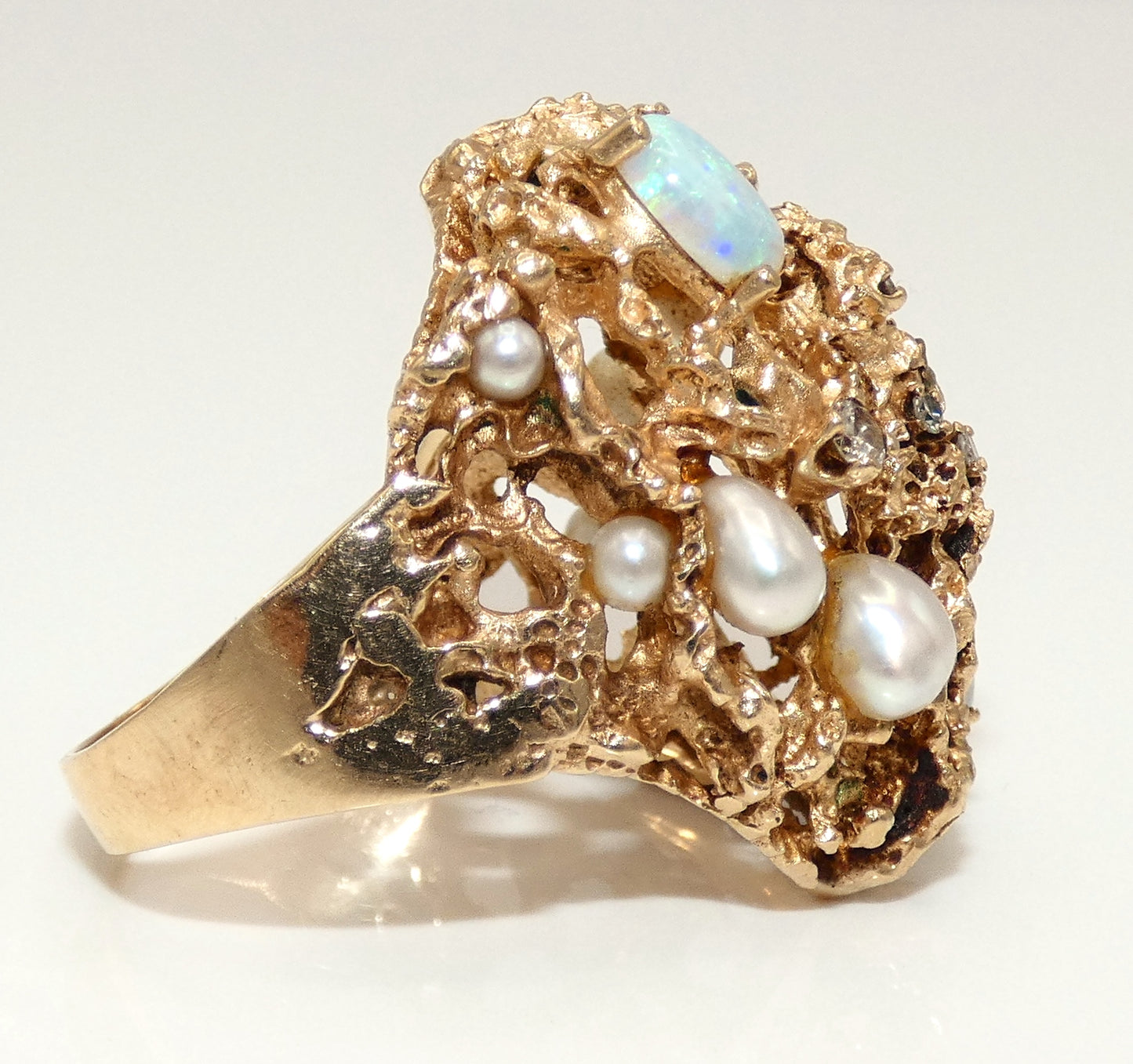 14K Gold Cultured Pearls, Diamonds & Opals Custom Ring