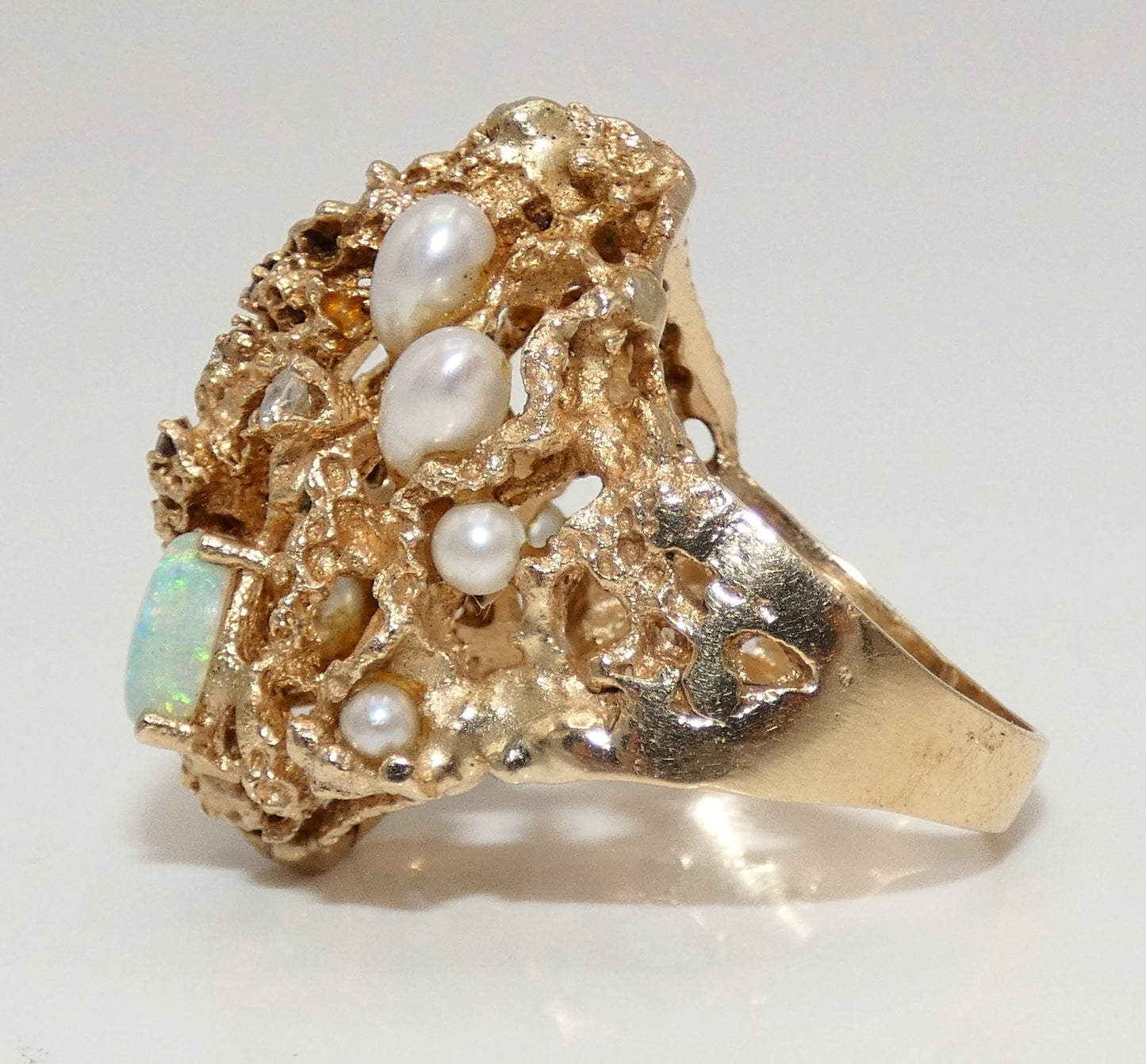 14K Gold Cultured Pearls, Diamonds & Opals Custom Ring