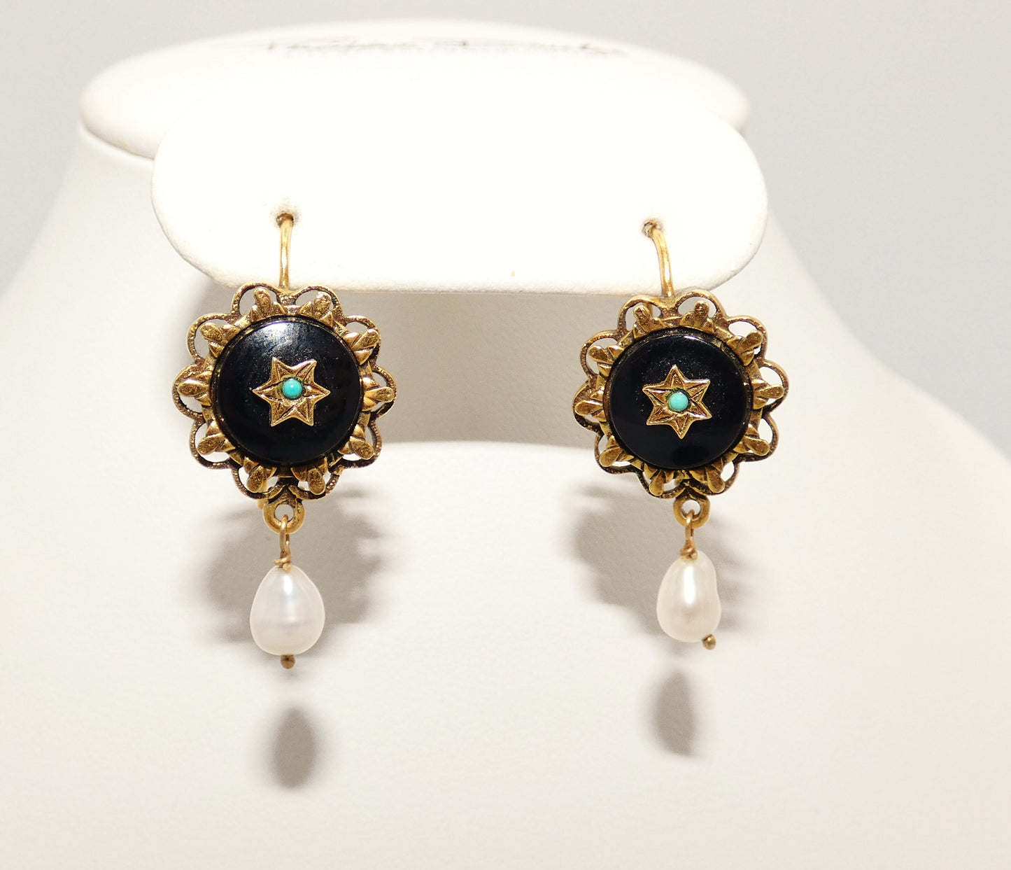 14K Gold Onyx, Pearl, & Turquoise Earrings