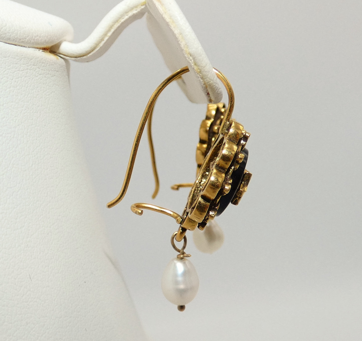 14K Gold Onyx, Pearl, & Turquoise Earrings