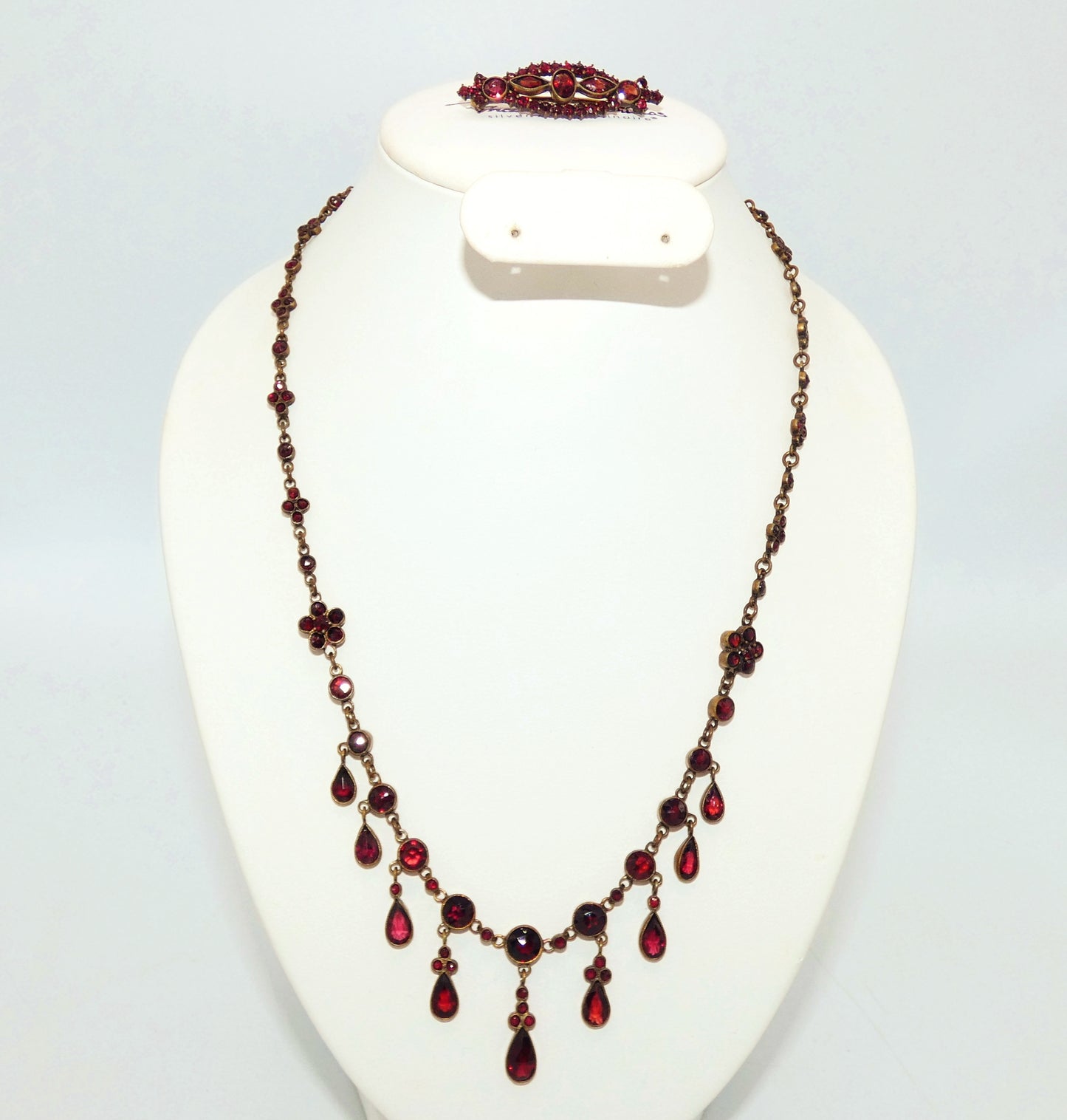Garnet and Brass Necklace & Pin Set