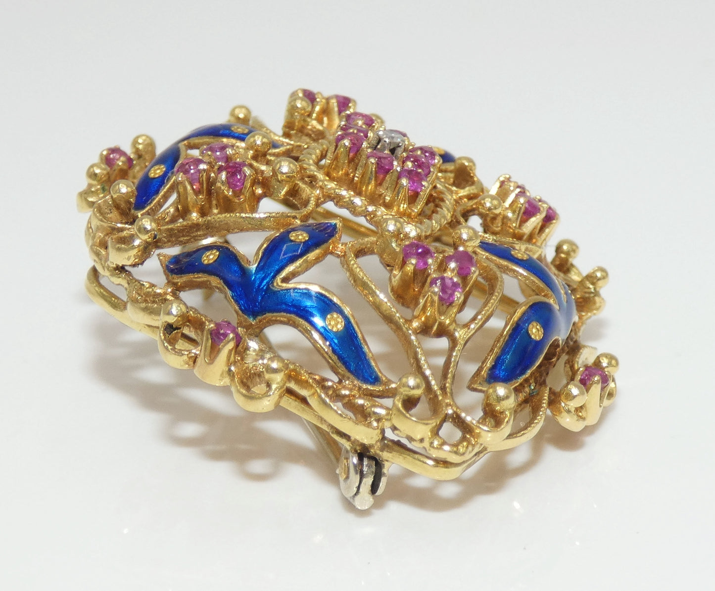 18K Gold Enamel Pin with Rubies & Diamonds
