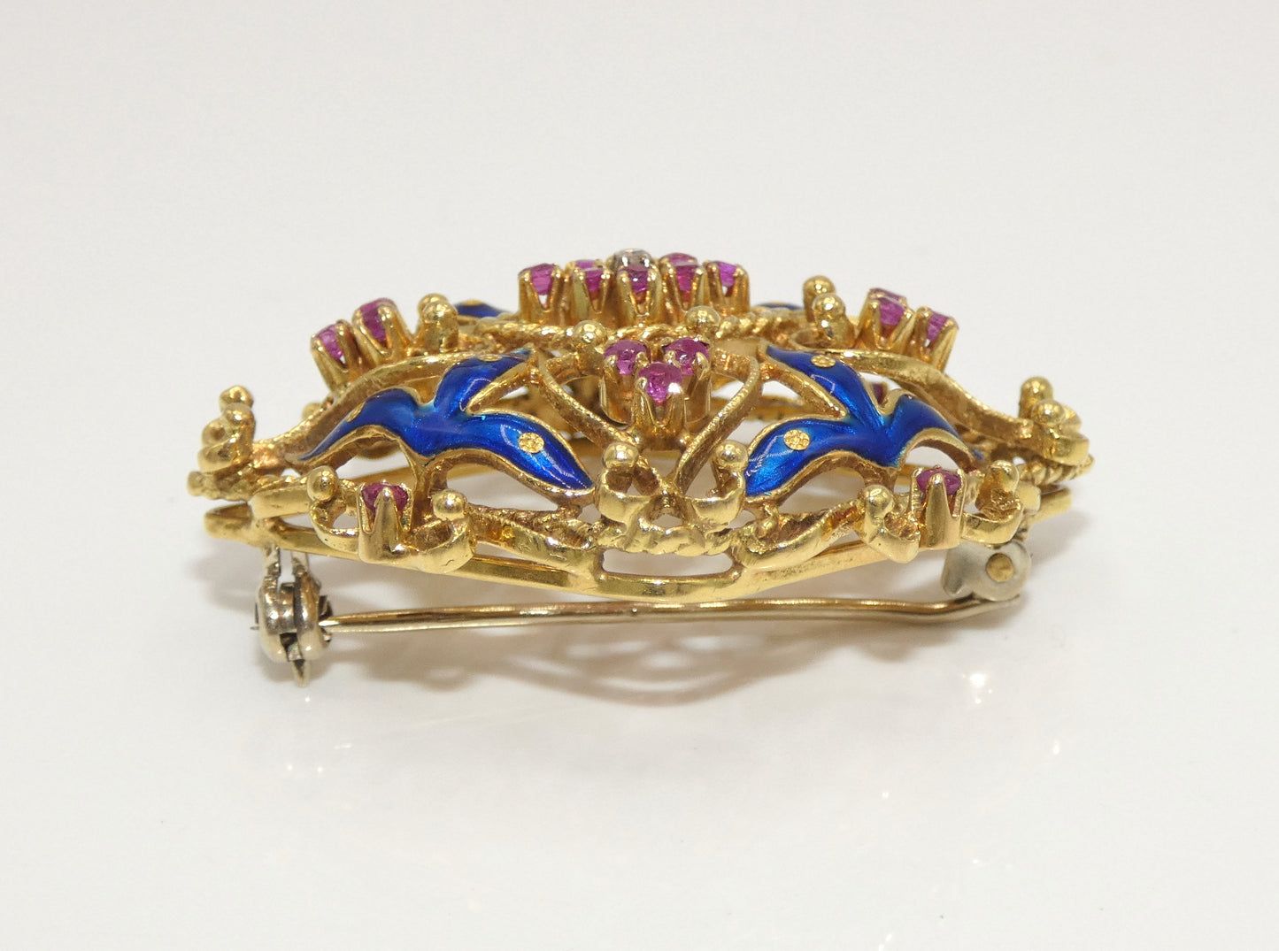 18K Gold Enamel Pin with Rubies & Diamonds