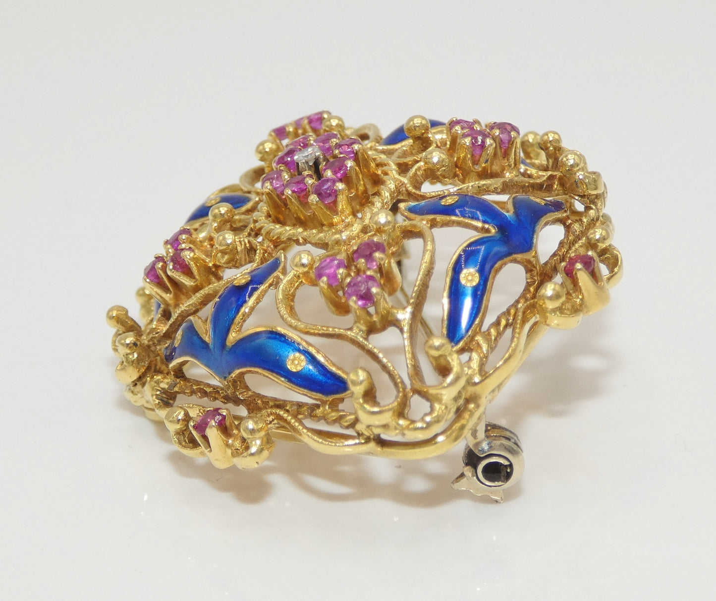 18K Gold Enamel Pin with Rubies & Diamonds