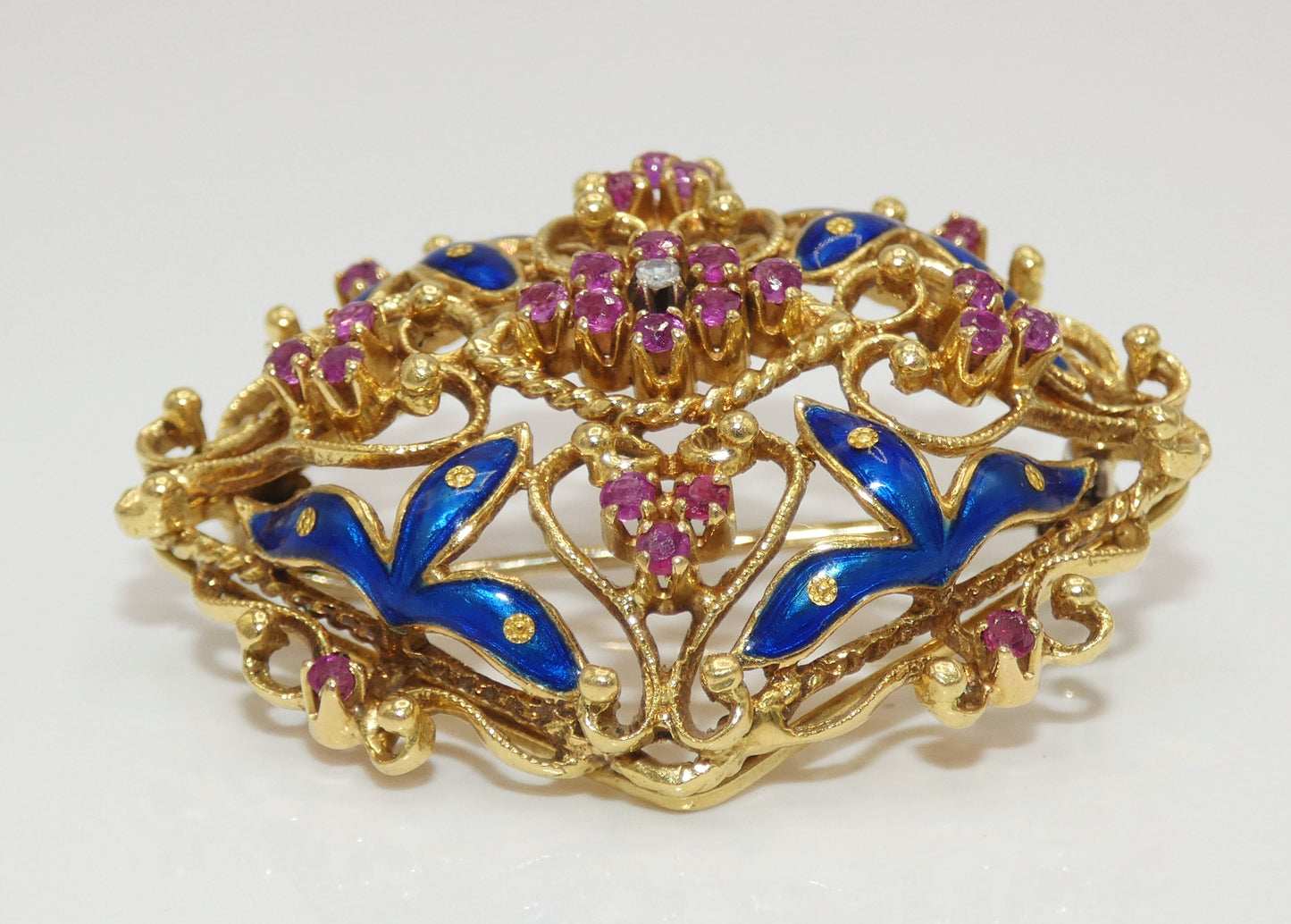 18K Gold Enamel Pin with Rubies & Diamonds