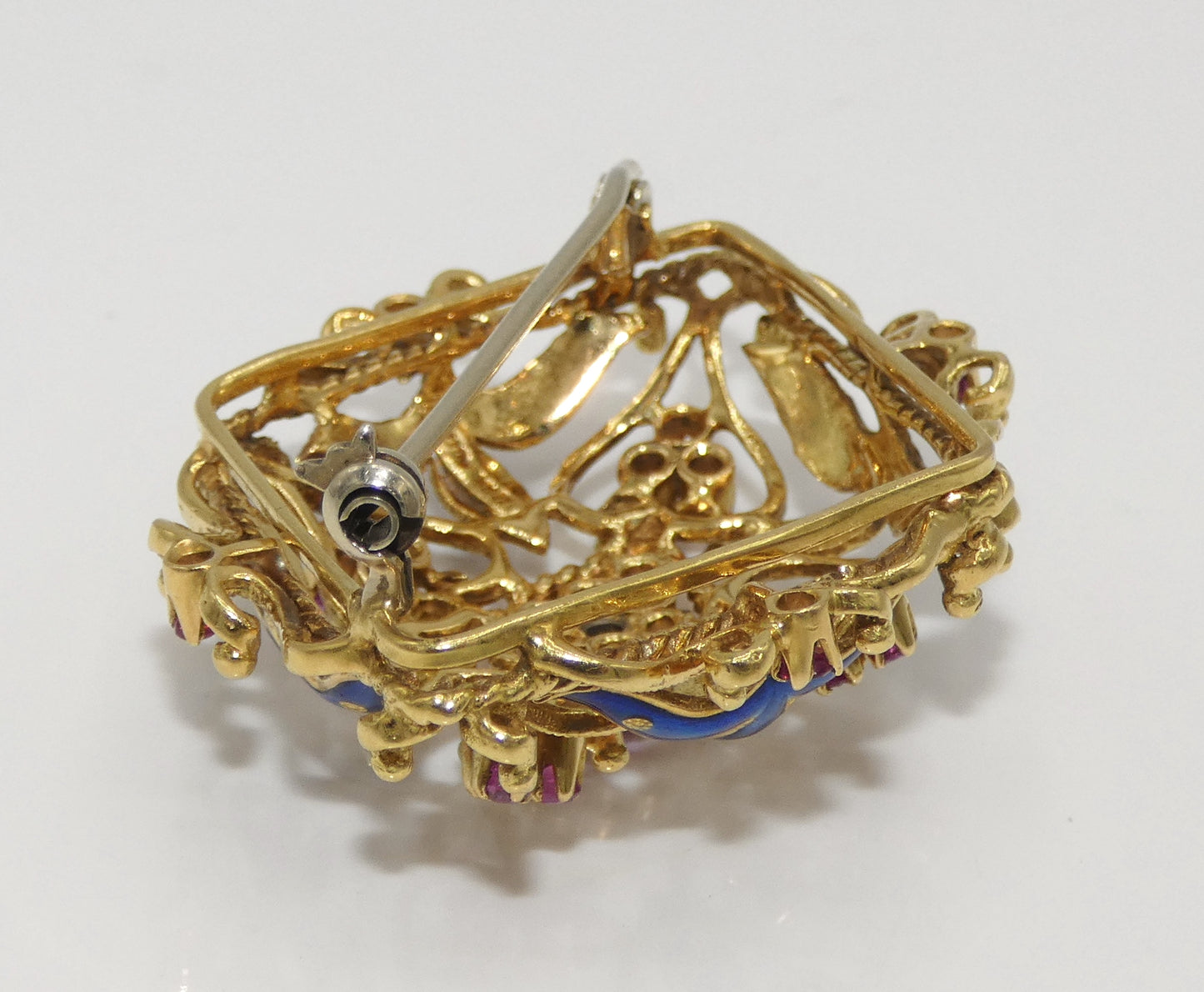 18K Gold Enamel Pin with Rubies & Diamonds