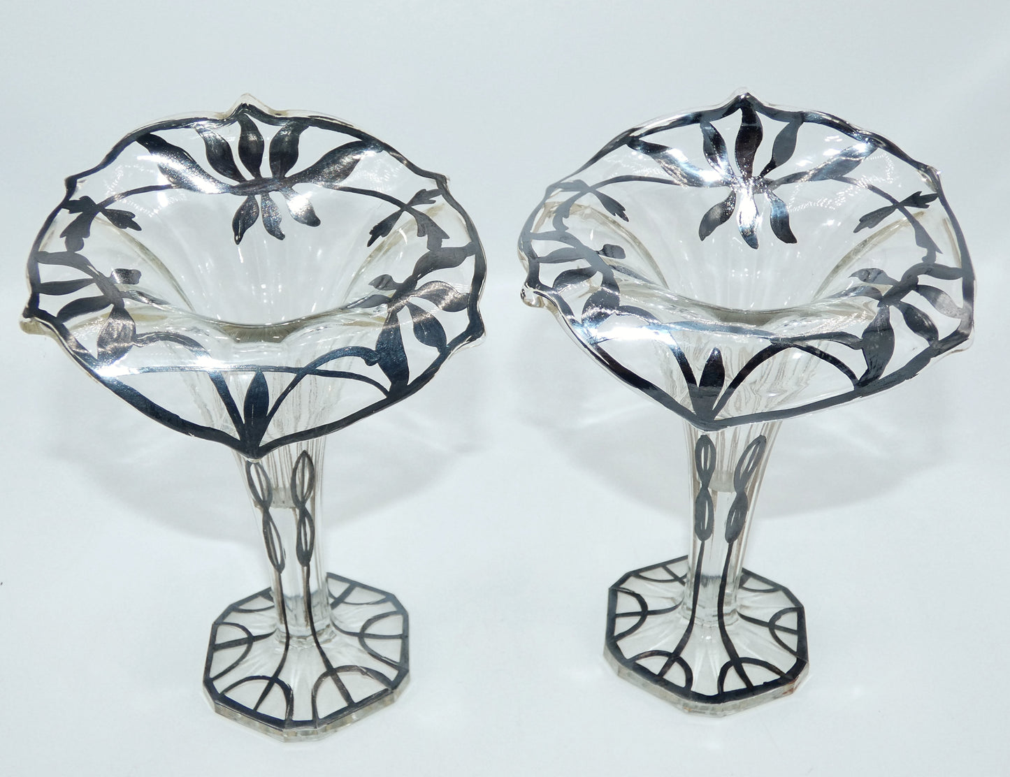 Art Deco Jack in the Pulpit Silver Deposit Pair of Vases