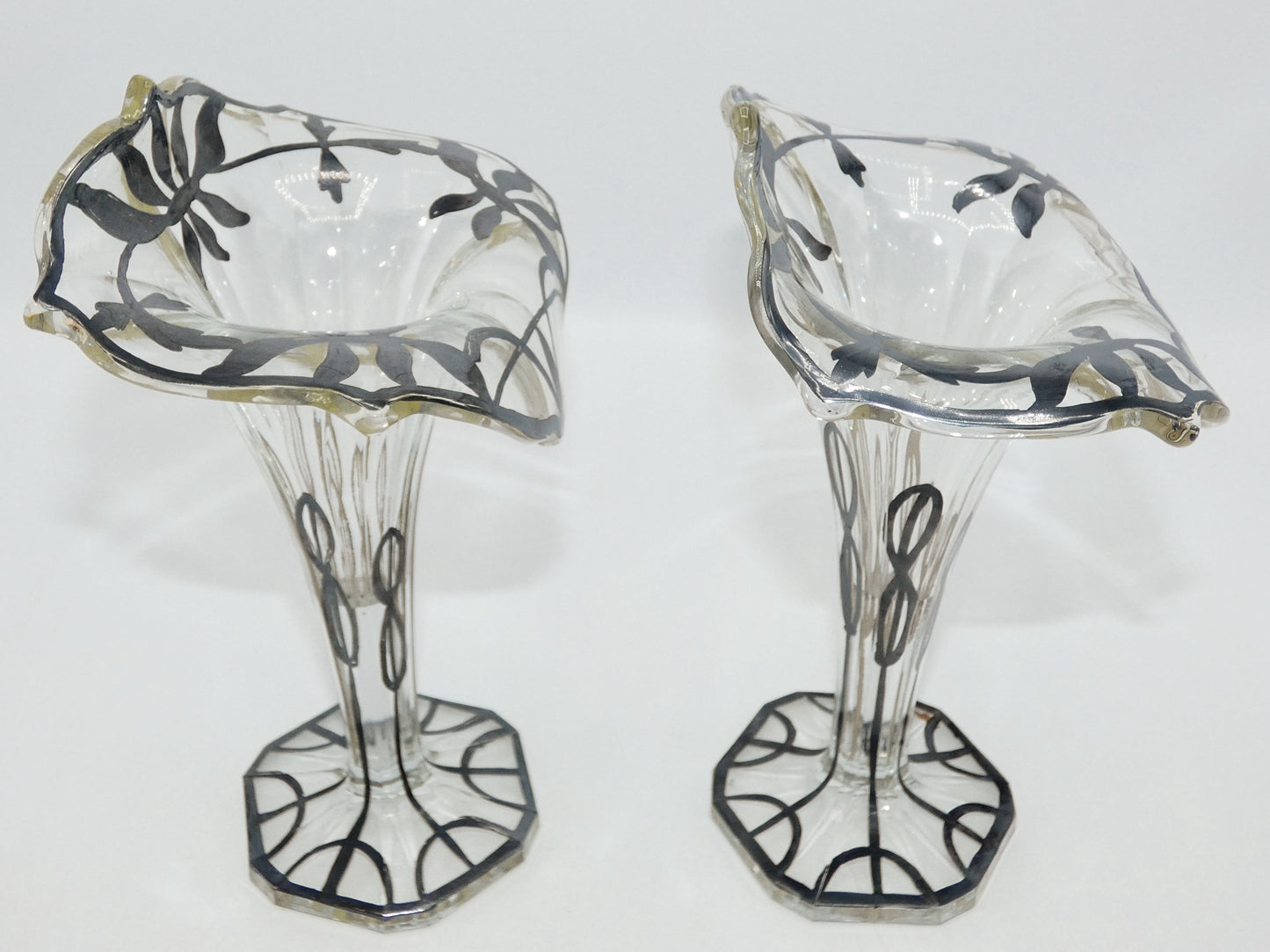 Art Deco Jack in the Pulpit Silver Deposit Pair of Vases