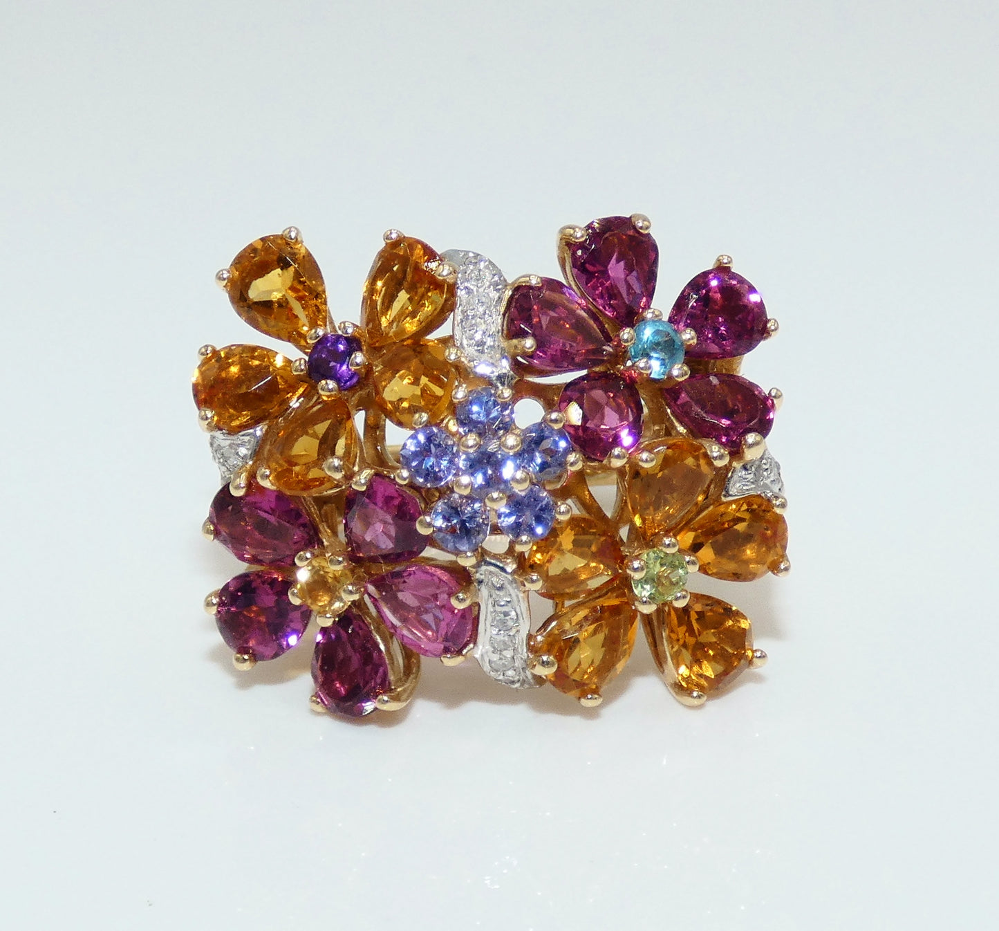 14K Gold Floral Multi Stone Ring