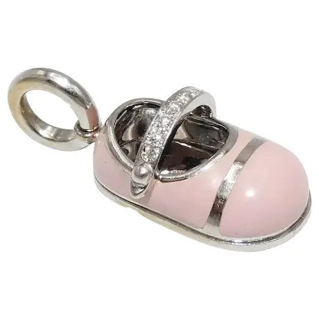 Aaron Basha 18k White Gold Pink Enamel & Diamond Baby Shoe Bootie Charm Pendant