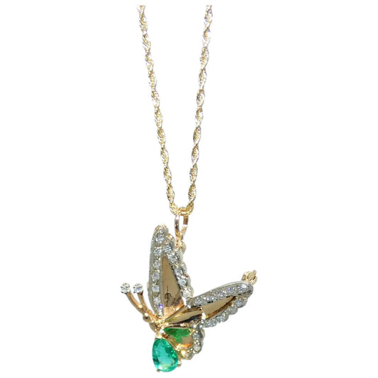 14K Gold Butterfly Pin/ Pendant with Emerald & Diamonds