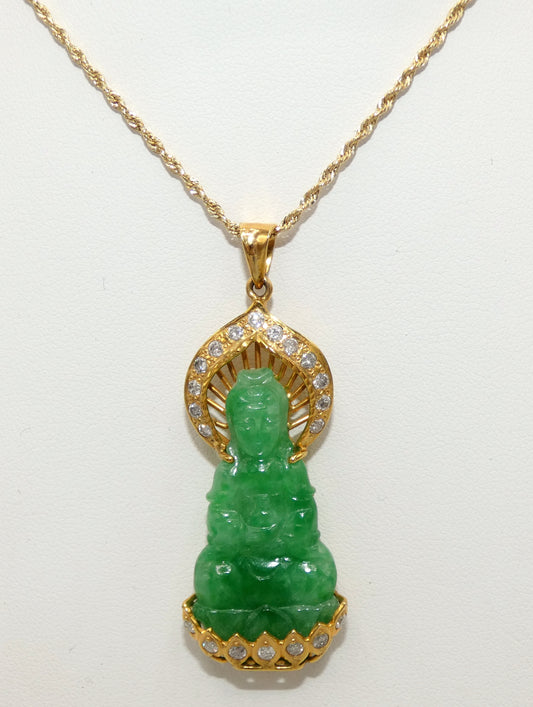 10k Yellow Gold Carved Jade Guan Yin Goddess of Mercy Jade Pendant Necklace with Diamonds