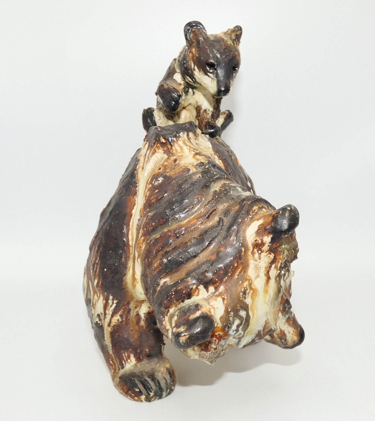 Arne Ingdam Brown Glazed Stoneware Bear with Cub Sculpture