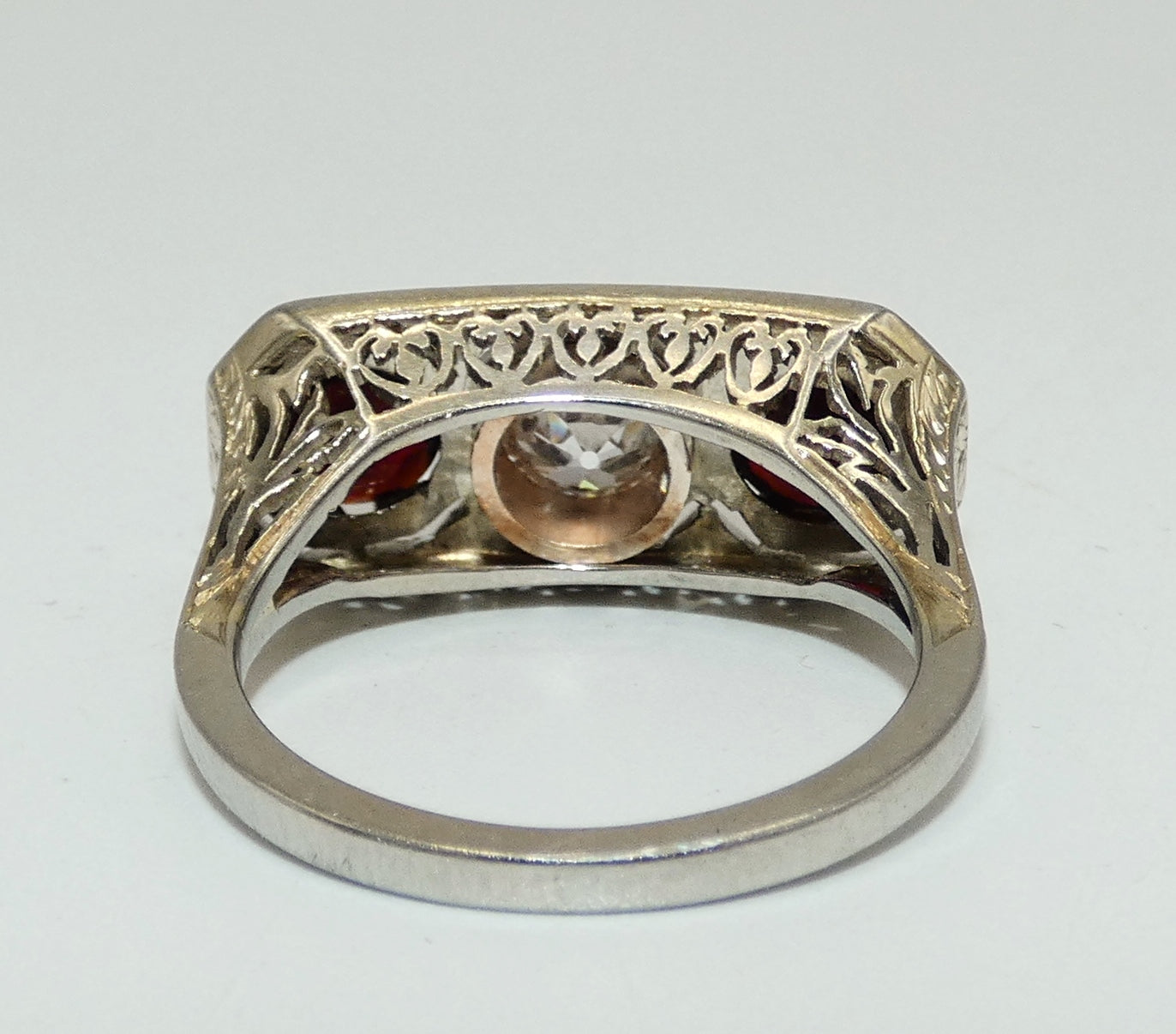 Art Deco Platinum & Gold Ring with Garnets & Diamond