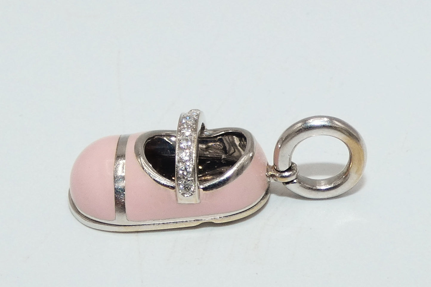 Aaron Basha 18k White Gold Pink Enamel & Diamond Baby Shoe Bootie Charm Pendant