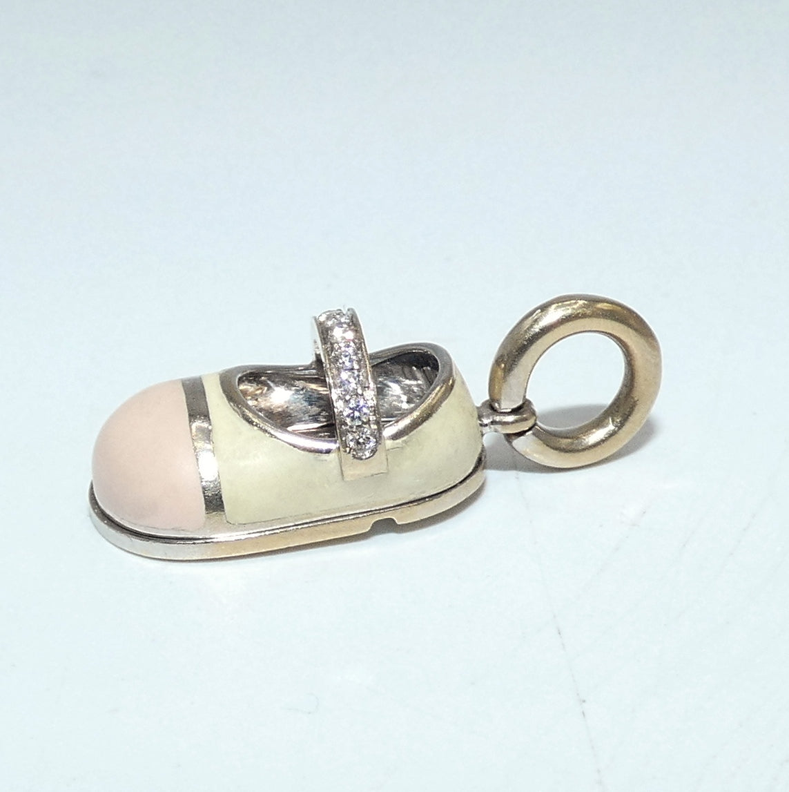 Aaron Basha 18k White Gold Pink & Yellow Enamel Baby Shoe Bootie Charm Pendant with Diamonds