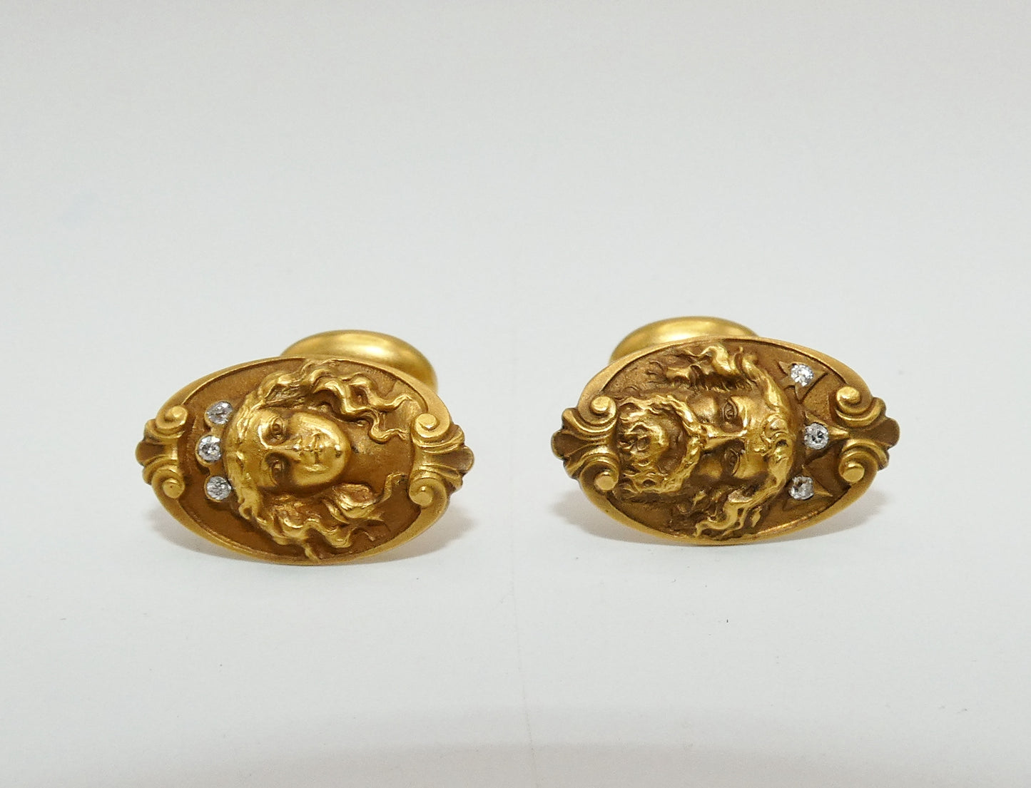 Art Nouveau 14K Gold FIxed Back Cufflinks with Diamonds