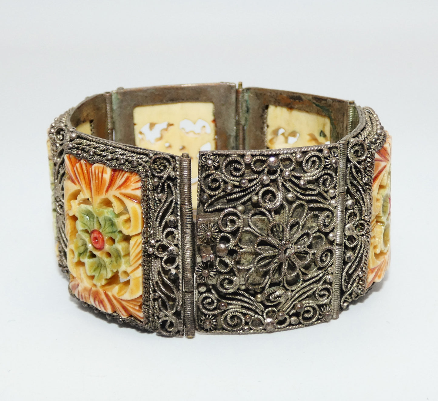 Carved Celluloid Filigree Panel Bracelet