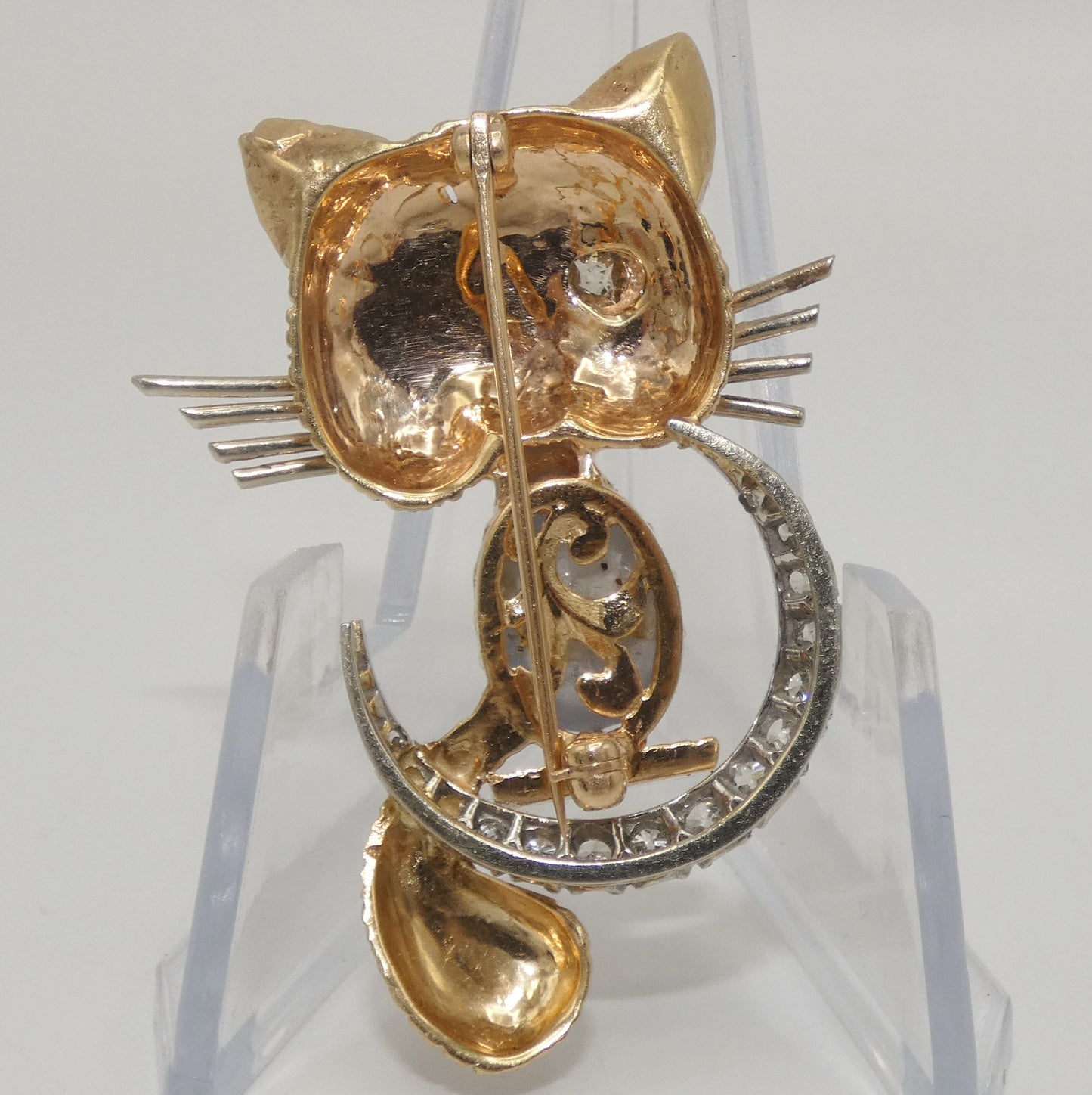 14K Yellow & Gold Winking Cat Brooch with Diamonds and Sapphire