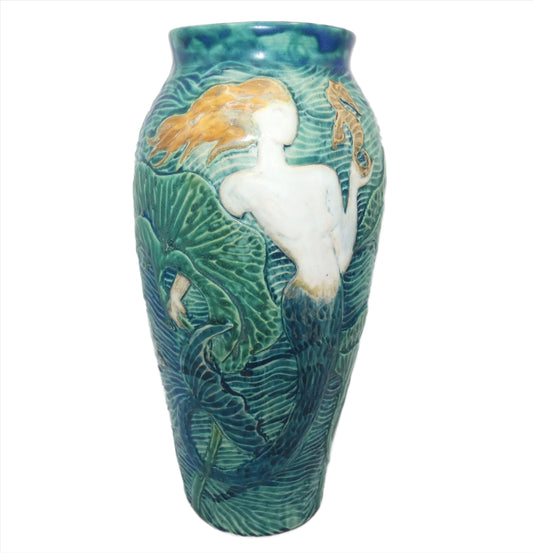Florida Faience Pottery Tall Vase Mermaid and Seahorses Martin Cushman