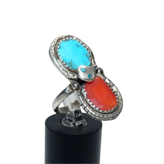 Effie C. Zuni Sterling Turquoise & Coral Ring